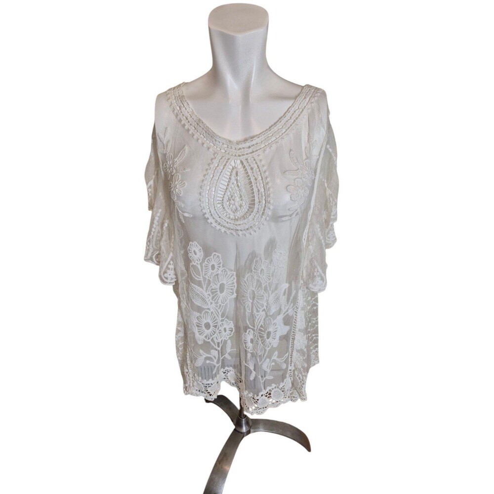 Boho Lace Crochet Sheer Top Mesh Floral Lace Tunic Top Flutter Sleev Ivory Sz L
